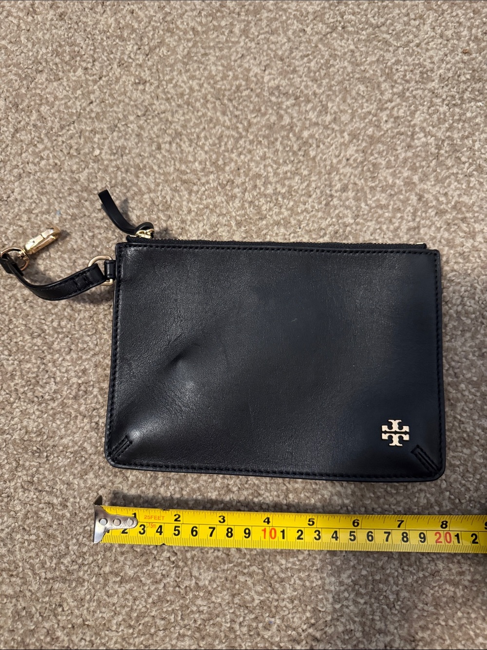 Tory Burch Black Leather Pouch with Gold Logo Charm